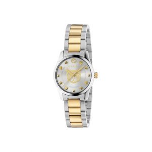 Gucci G-Timeless Iconic 27mm Silver Feline Head Steel and Yellow Gold PVD Watch Watches Bailey's Fine Jewelry