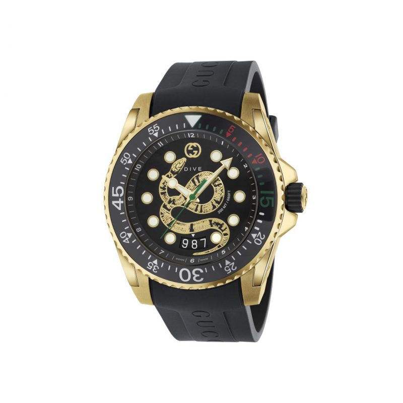 Gucci Dive Black 45mm Snake Rubber Watch