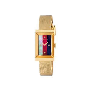 Gucci G-Frame 21x34mm Sylvie Web Bees Yellow Gold PVD Mesh Watch Watches Bailey's Fine Jewelry
