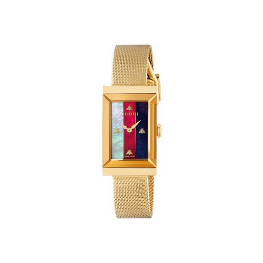 Gucci G-Frame 21x34mm Sylvie Web Bees Yellow Gold PVD Mesh Watch