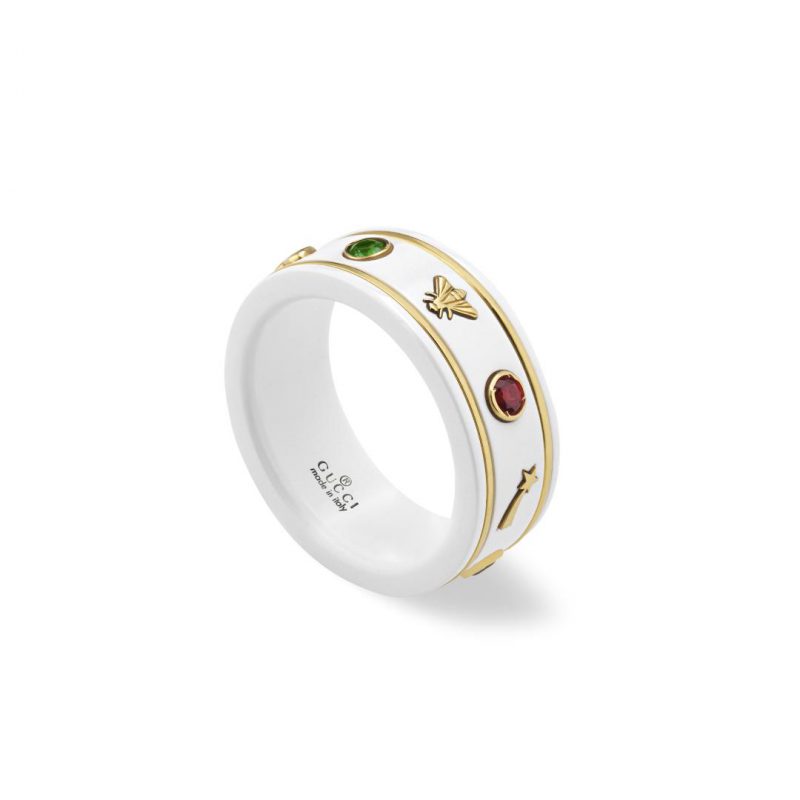 Gucci Icon Gems 18K Gold White Band Ring