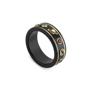 Gucci Icon Gems 18K Gold Black Band Ring Fashion Rings Bailey's Fine Jewelry