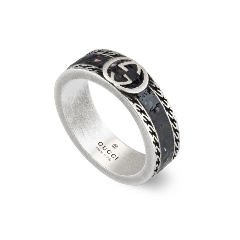 Gucci Interlocking G Silver Black Enamel Ring
