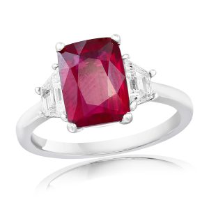 Ruby and Diamond Platinum Three Stone Ring