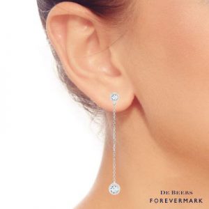 diamond drop earrings in white gold on model