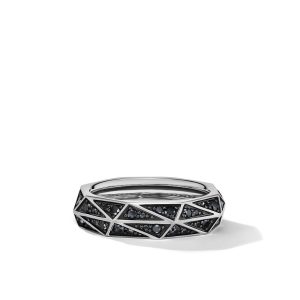 David Yurman Torqued Faceted Band Ring in Sterling Silver with Pave Black Diamonds, Size: 11 Bands Bailey's Fine Jewelry
