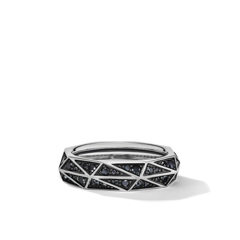 David Yurman Torqued Faceted Band Ring in Sterling Silver with Pave Black Diamonds, Size: 11