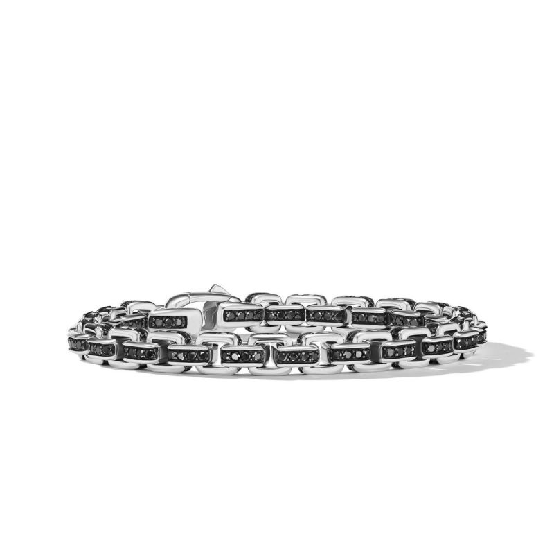David Yurman Box Chain Bracelet in Sterling Silver with Pave Black Diamonds, Size: L