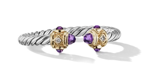 David Yurman Renaissance Ring in Sterling Silver with Amethyst, 14K Yellow Gold and Diamonds, Size: 7
