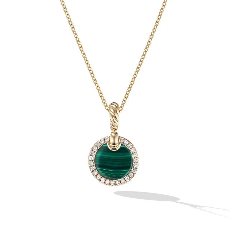 David Yurman Petite DY Elements Pendant Necklace in 18K Yellow Gold with Malachite and Pave Diamonds