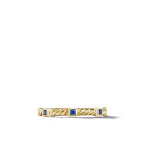 David Yurman Cable Collectibles Stack Ring in 18K Yellow Gold with Pave Blue Sapphires, Size: 7