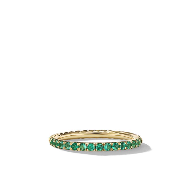 David Yurman Cable Collectibles Stack Ring in 18K Yellow Gold with Pave Emeralds, Size: 5