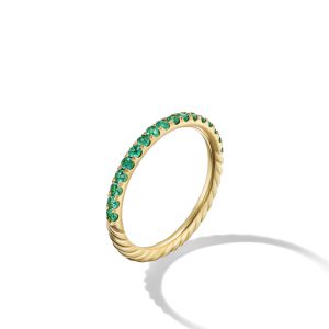 David Yurman Cable Collectibles Stack Ring in 18K Yellow Gold with Pave Emeralds, Size: 6