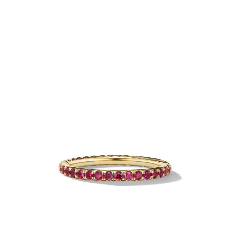 David Yurman Cable Collectibles Stack Ring in 18K Yellow Gold with Pave Rubies, Size: 6