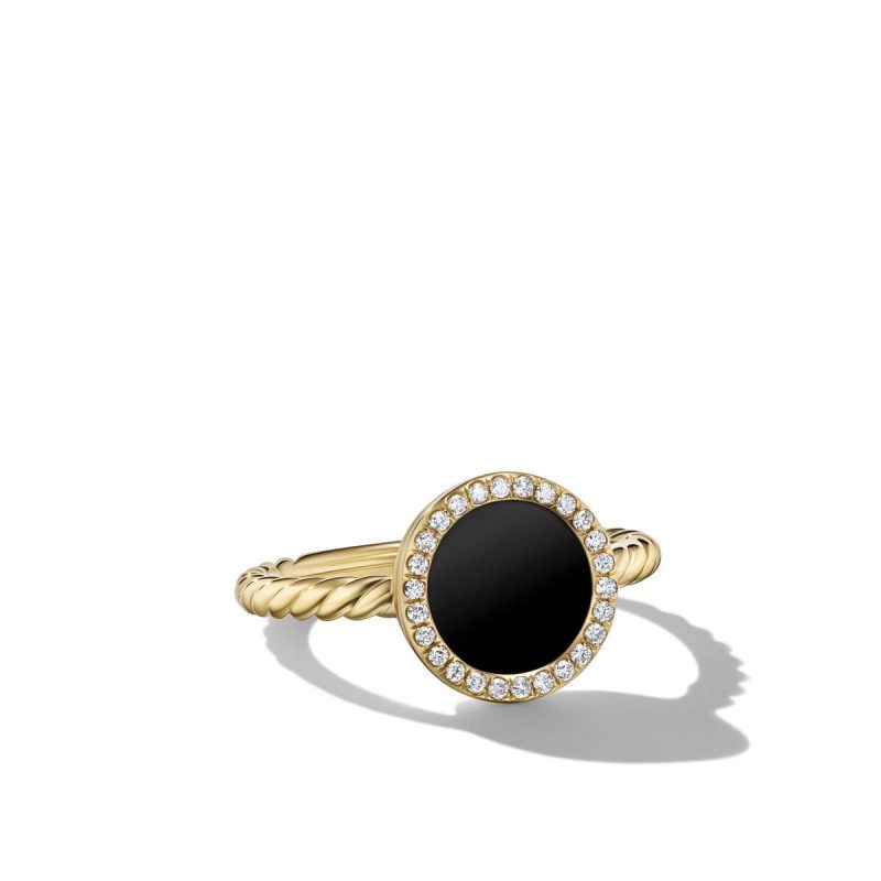 David Yurman Petite DY Elements Ring in 18K Yellow Gold with Black Onyx and Pave Diamonds, Size: 5