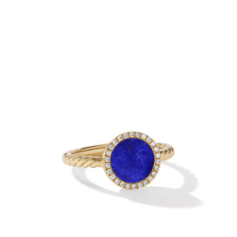 David Yurman Petite DY Elements Ring in 18K Yellow Gold with Lapis and Pave Diamonds, Size: 5