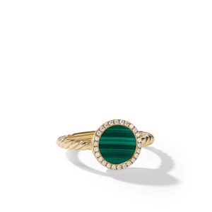 David Yurman Petite DY Elements Ring in 18K Yellow Gold with Malachite and Pave Diamonds, Size: 6 Bands Bailey's Fine Jewelry