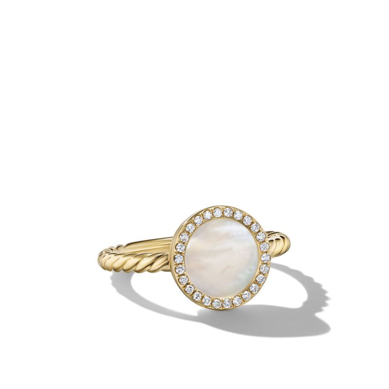 David Yurman Petite DY Elements Ring in 18K Yellow Gold with Mother of Pearl and Pave Diamonds, Size: 5