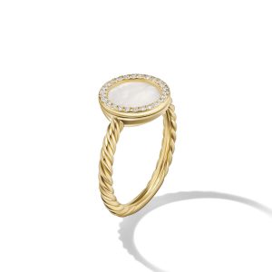 David Yurman Petite DY Elements Ring in 18K Yellow Gold with Mother of Pearl and Pave Diamonds, Size: 8