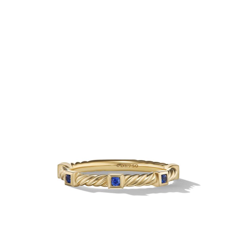 David Yurman Cable Collectibles Stack Ring in 18K Yellow Gold with Blue Sapphires, Size: 6