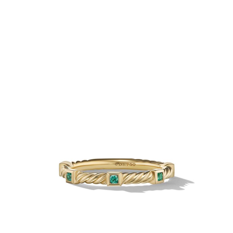 David Yurman Cable Collectibles Stack Ring in 18K Yellow Gold with Emeralds, Size: 5