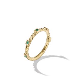 David Yurman Cable Collectibles Stack Ring in 18K Yellow Gold with Emeralds, Size: 7