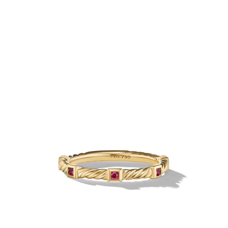 David Yurman Cable Collectibles Stack Ring in 18K Yellow Gold with Rubies, Size: 6