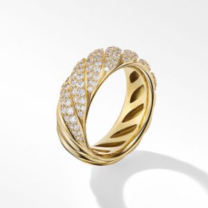 David Yurman Sculpted Cable Band Ring in 18K Yellow Gold with Pave Diamonds, Size: 6