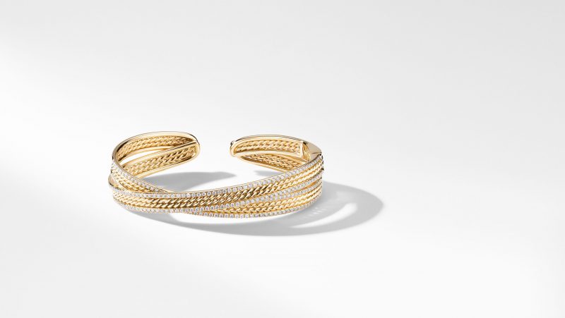 David Yurman DY Origami Cuff Bracelet in 18K Yellow Gold with Pave Diamonds, Size: S