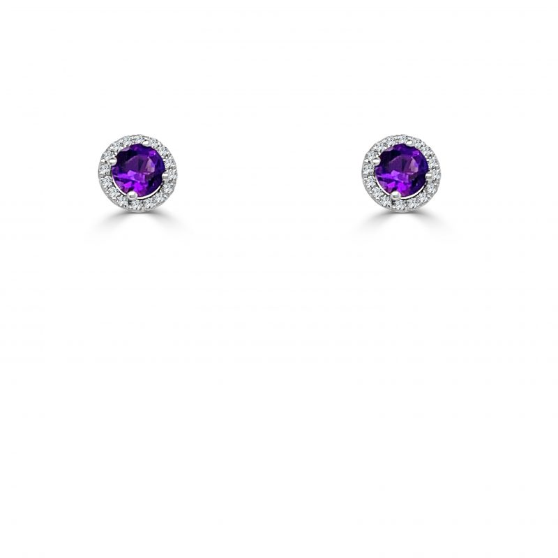 February Birthstone Diamond Halo Gold Stud Earrings