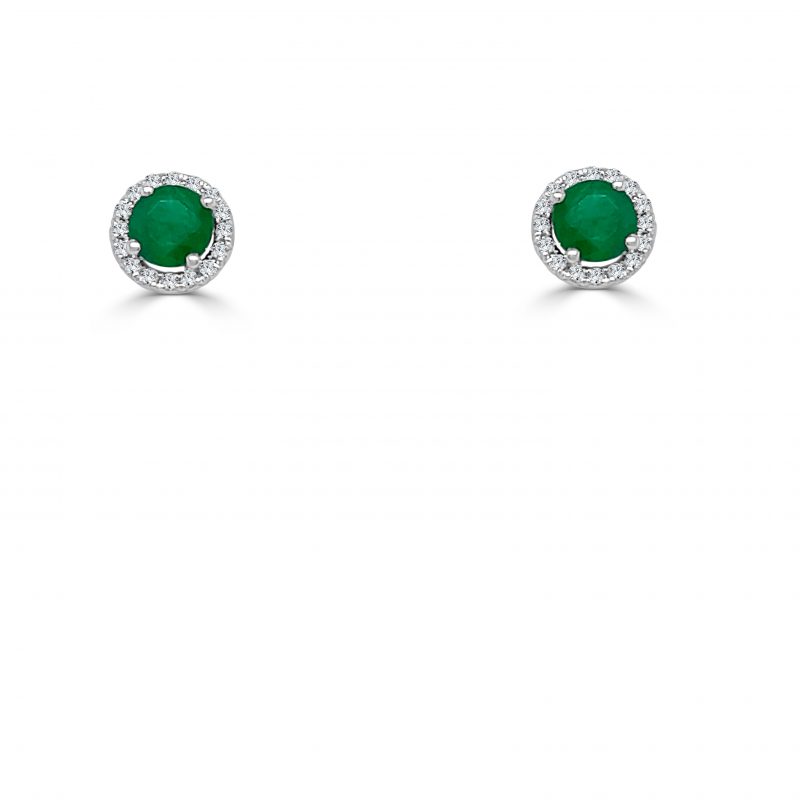 May Birthstone Diamond Halo Gold Stud Earrings