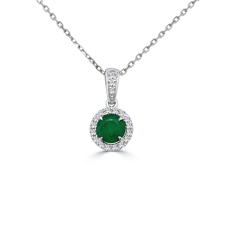 May Birthstone Diamond Halo Gold Pendant Necklace