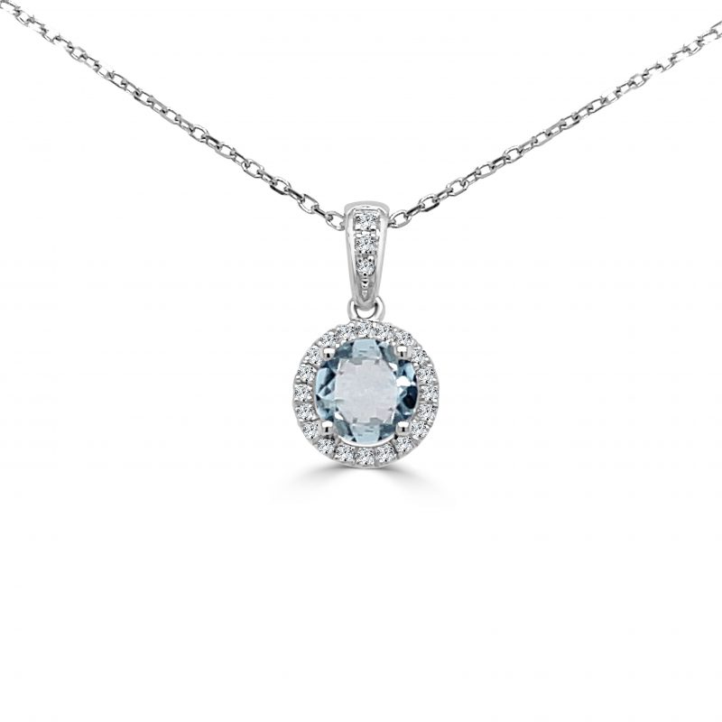 March Birthstone Diamond Halo Gold Pendant Necklace