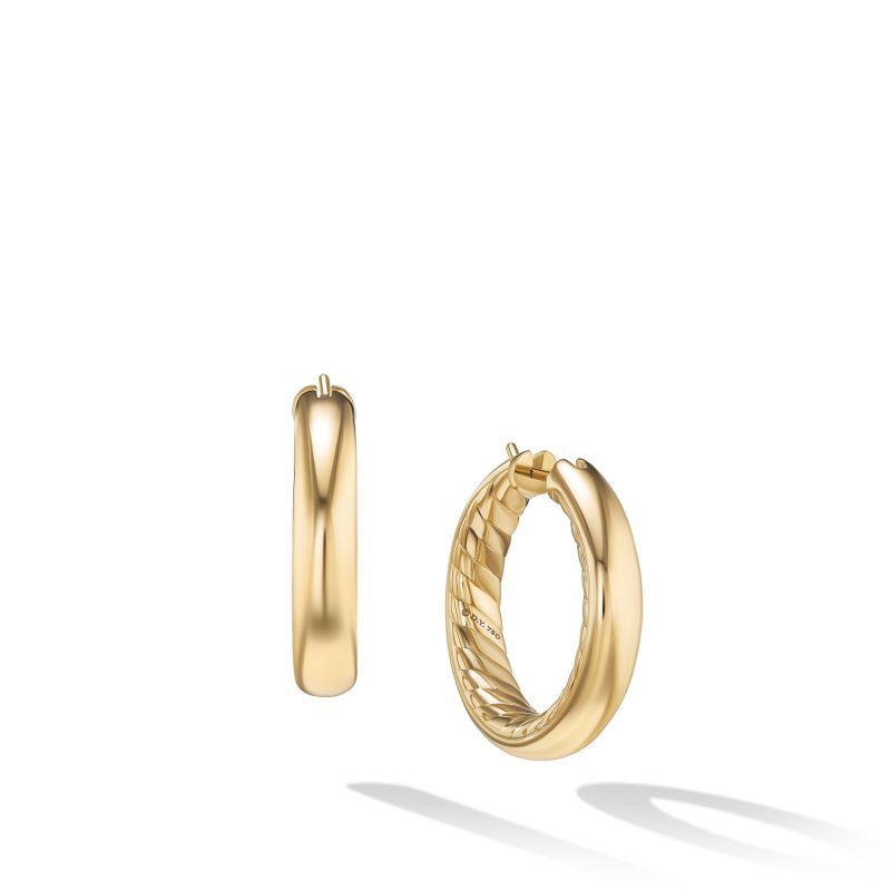 David Yurman Sculpted Cable Smooth Hoop Earring, 1" Diameter, 18KT Yellow Gold