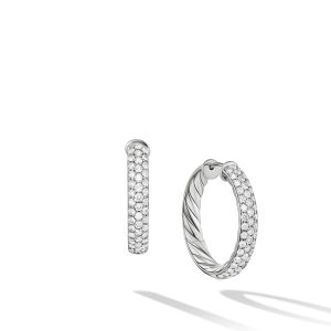 David Yurman Pave Sculpted Cable Hoops, 1″ Diameter, Sterling Silver DY Bailey's Fine Jewelry