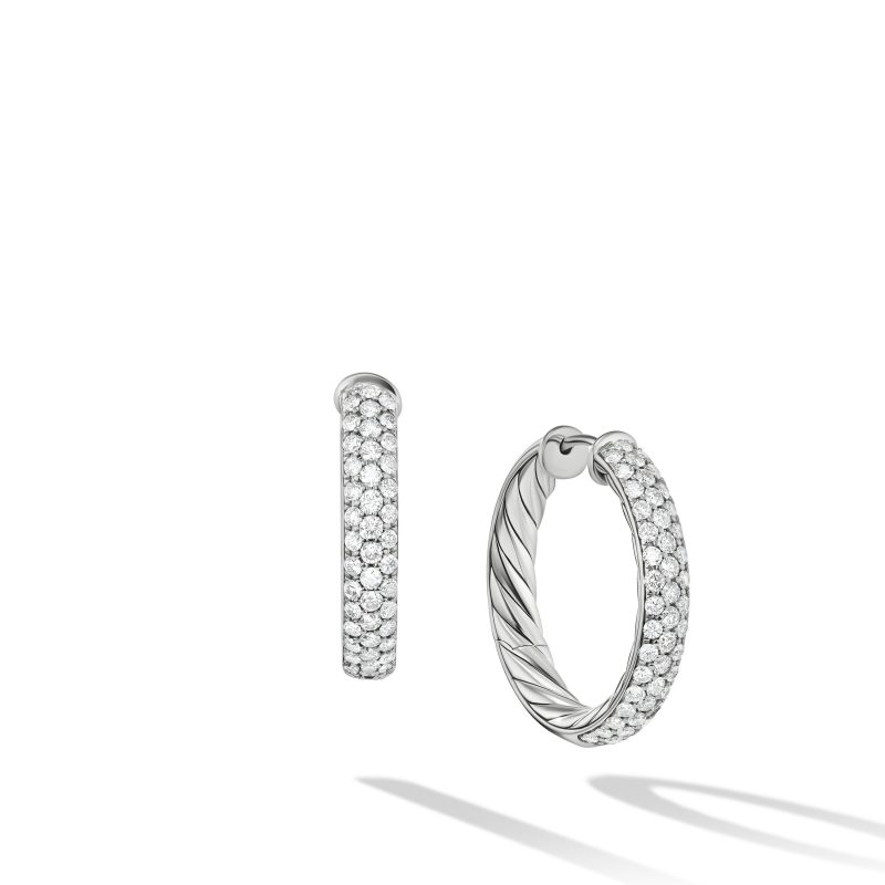 David Yurman Pave Sculpted Cable Hoops, 1" Diameter, Sterling Silver