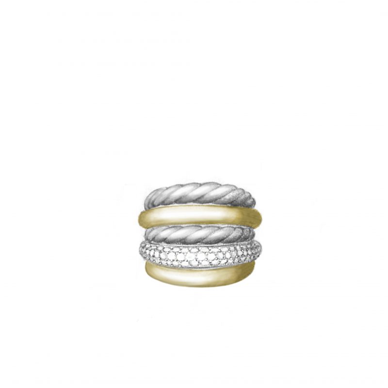 David Yurman .70CT 21MM Bold Mercer Multi-Row Ring, Size 9, 18KT Yellow Gold & Sterling Silver