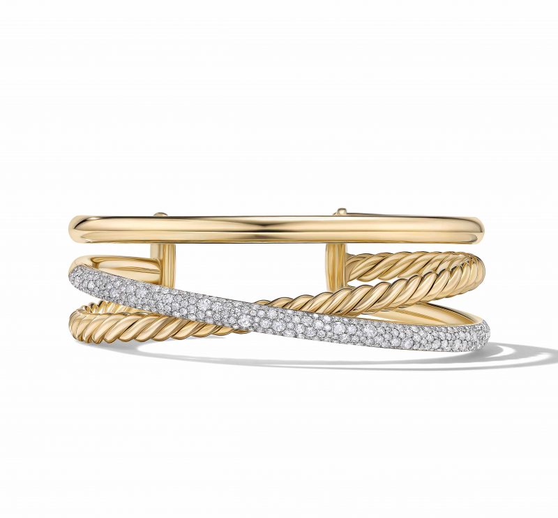 David Yurman 2.19TW 20MM Pave Crossover 3-Row Cuff Bracelet, Size Medium, 18KT Yellow Gold