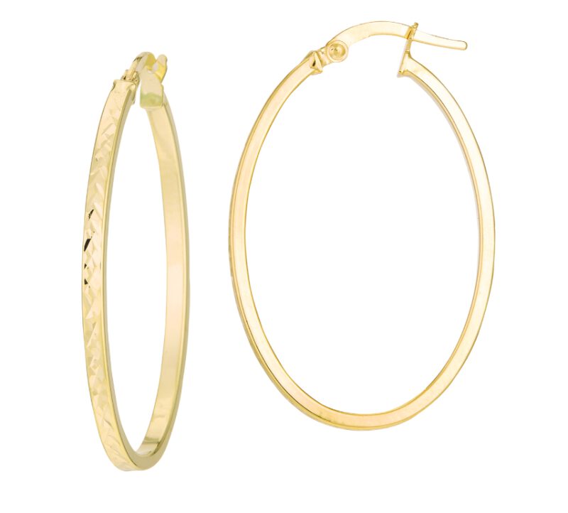 14K Yellow Gold Diamond Cut Flat Oval Hoop Earrings