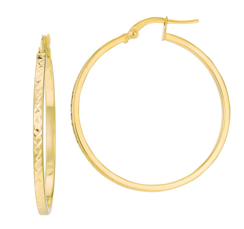 14K Yellow Gold Diamond Cut Flat Round Hoop Earrings