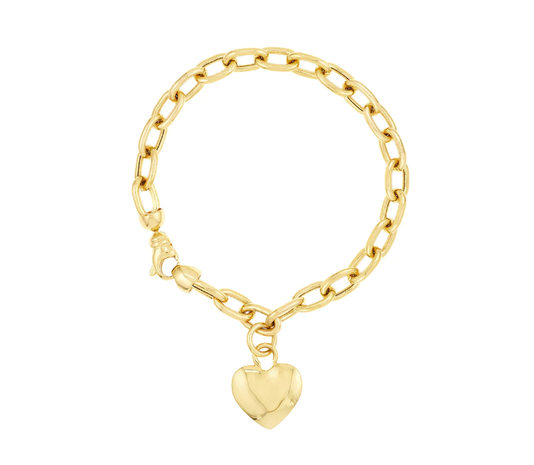 14K Gold Heart Charm Rolo Chain Bracelet