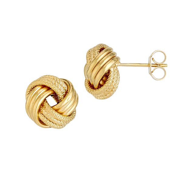 14K Yellow Gold Polished Florentine 3 Tube Love Knot Earrings