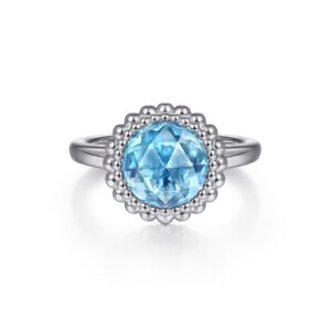 Gabriel 925 Sterling Silver Round Blue Topaz Bezel Set Ring with Bujukan Bead Halo Fashion Rings Bailey's Fine Jewelry