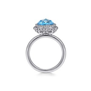 Gabriel 925 Sterling Silver Round Blue Topaz Bezel Set Ring with Bujukan Bead Halo