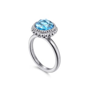 Gabriel 925 Sterling Silver Round Blue Topaz Bezel Set Ring with Bujukan Bead Halo