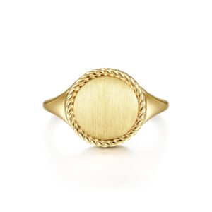 Gabriel 14K Yellow Gold Round Engravable Signet Ring with Twisted Rope Frame