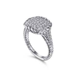 Gabriel 925 Sterling Silver White Sapphire Pavé Signet Ring with Rope Frame