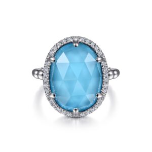 Gabriel 925 Sterling Silver Oval Rock Crystal and Turquoise Signet Ring with White Sapphire Halo Fashion Rings Bailey's Fine Jewelry