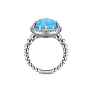 Gabriel 925 Sterling Silver Oval Rock Crystal and Turquoise Signet Ring with White Sapphire Halo