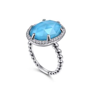 Gabriel 925 Sterling Silver Oval Rock Crystal and Turquoise Signet Ring with White Sapphire Halo
